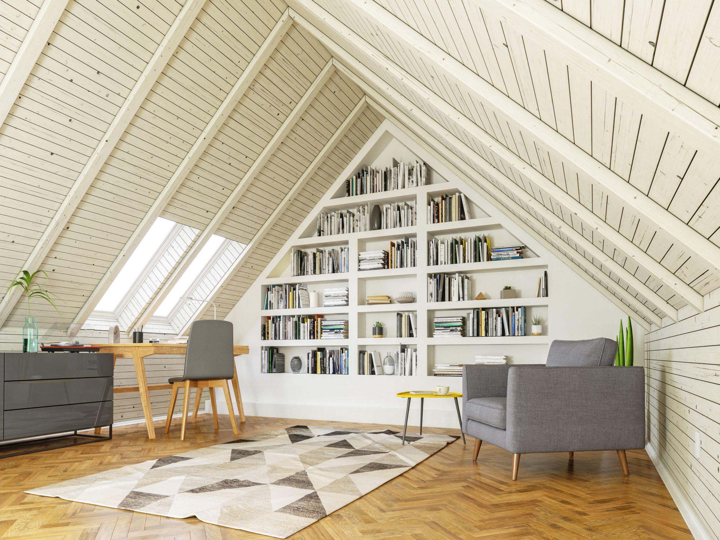 Improve attic insulation with new windows and doors. This image is of an attic that is being used as a home office or library.
