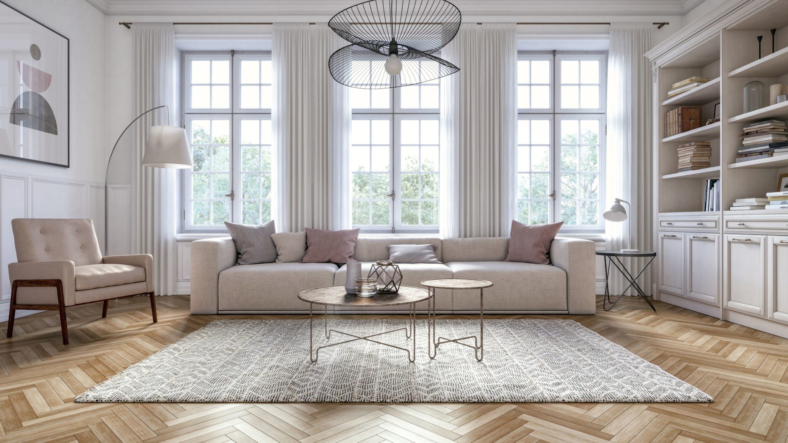 There are some differences between double-pane windows and triple-pane windows by Andersen. This is an image of a living room with beautiful windows.